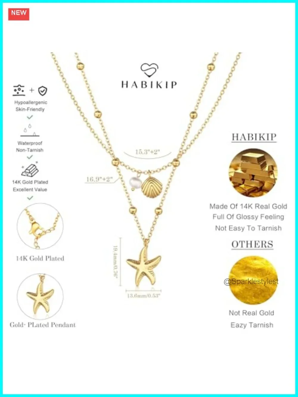 14K Gold Plated Layered Seashell Starfish Pearl Necklace
